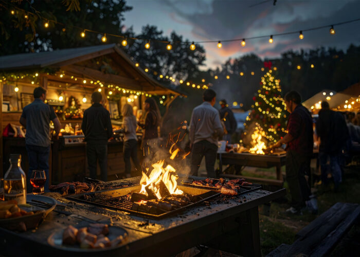People gather around outdoor grills at dusk, savoring fowl and flame under string lights, with a decorated tree and wooden stalls in the background.
