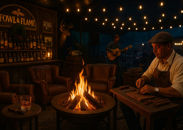 A man rolls cigars at a wooden table beside a fire pit in a cozy lounge, where the ambiance of fowl and flame mingles with leather chairs, string lights, a whiskey bar, and live music in the background.