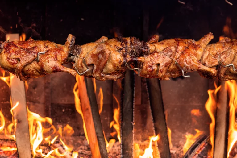 Whole fowl roasting on a spit over an open flame, with fire and wood glowing underneath.