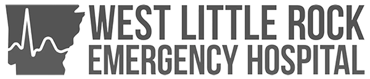 Logo for West Little Rock Emergency Hospital, featuring an outline of Arkansas with a heart rate line inside, and the hospital name in bold uppercase letters—ideal for sponsors seeking visibility and unique sponsorship opportunities.