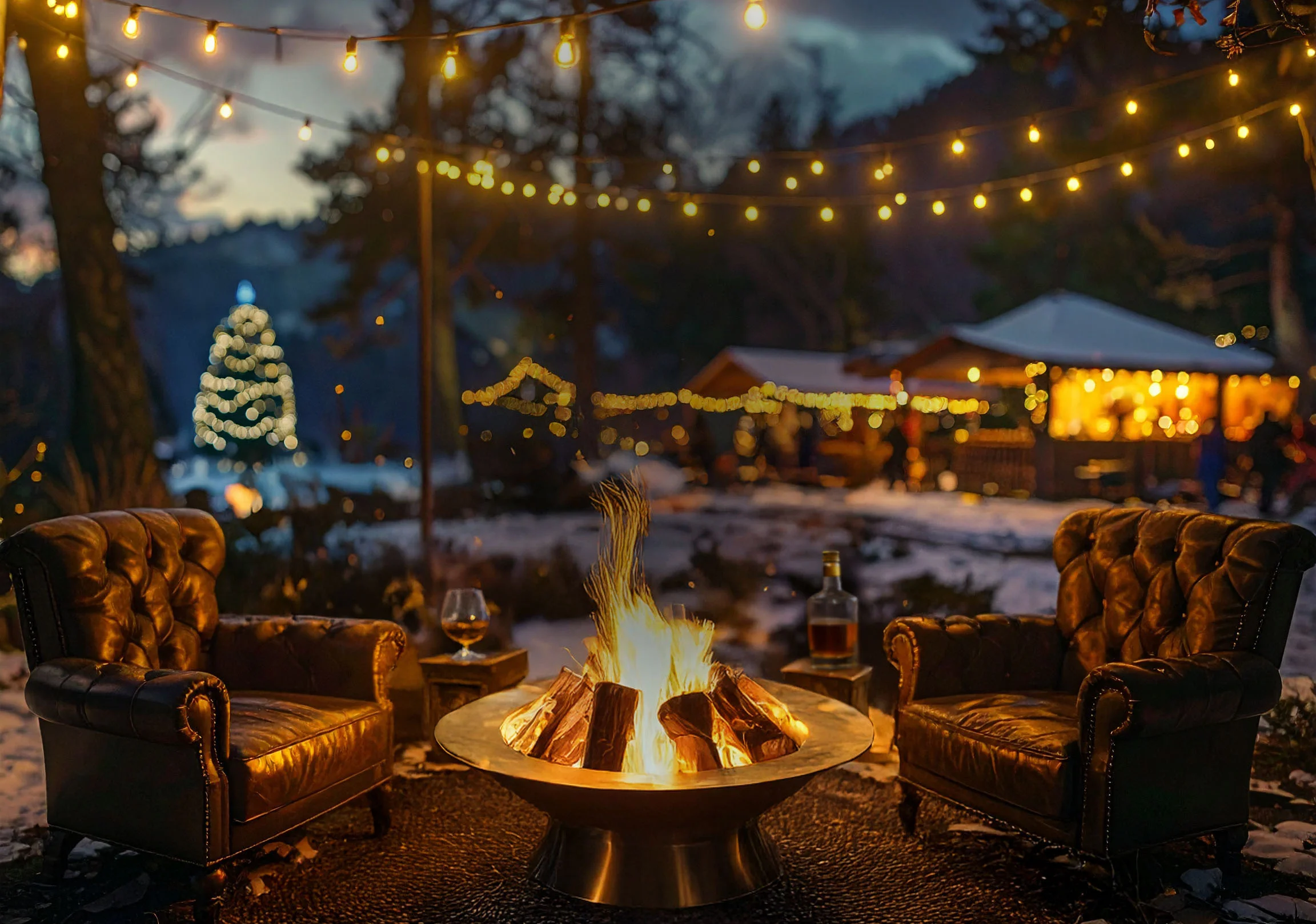 Two leather chairs face a glowing fire pit outdoors at dusk, where fowl and flame create a cozy ambiance amid string lights, a decorated Christmas tree, and festive cabins in the background.