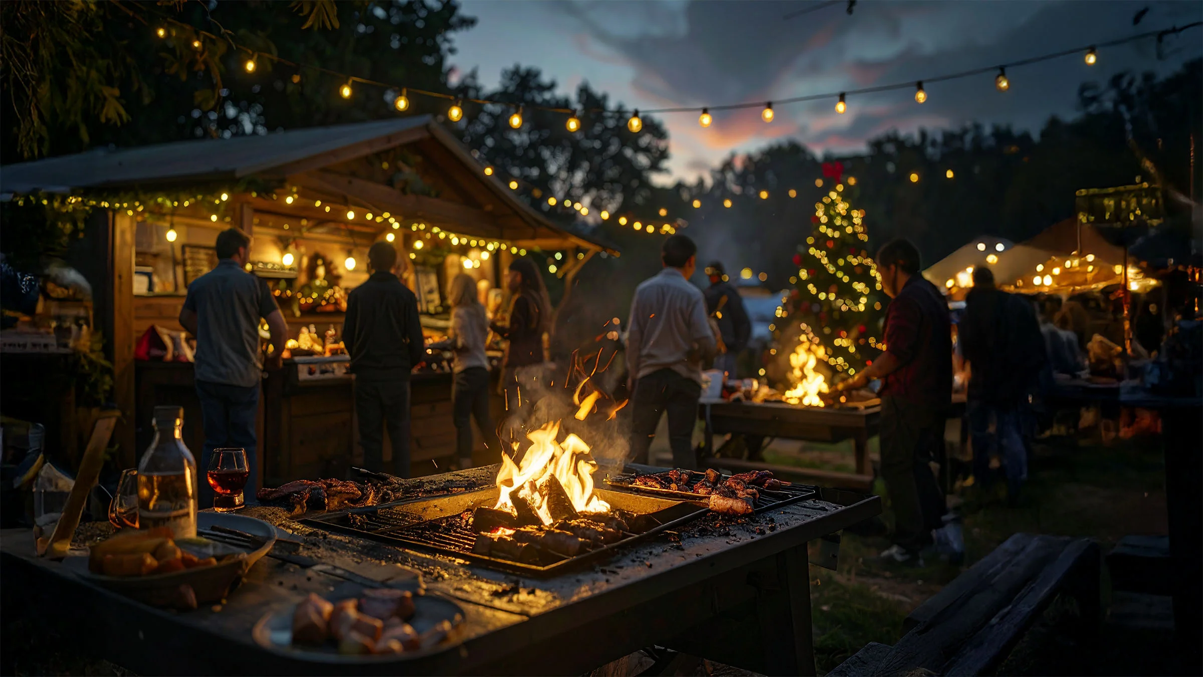 People gather around outdoor grills at sunset, savoring fowl and flame under string lights, with a decorated Christmas tree in the background.