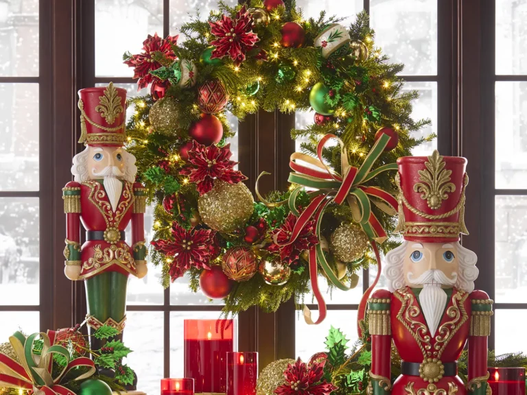Two decorative nutcracker figures stand beside a festive wreath adorned with ornaments, bows, and lights, with red candles and wrapped gifts in front, against windowed doors.