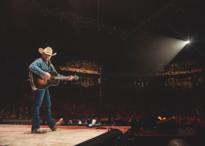 A man in a cowboy hat plays an acoustic guitar on stage under a spotlight, with an audience in the background.