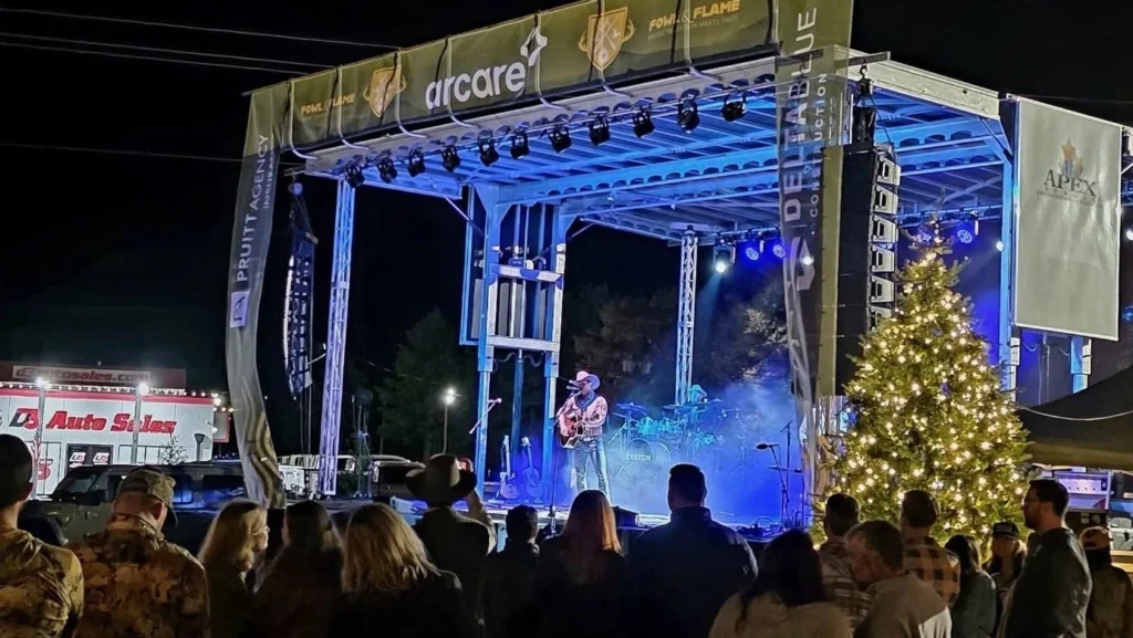 A crowd watches a musician perform on an outdoor stage at night, with a lit Christmas tree and banners visible, and stage lights illuminating the scene.